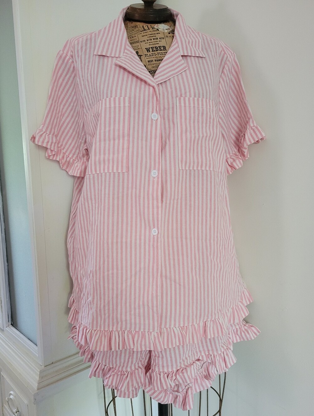 Women's Pink Stripe Ruffle Short Pajama Set Cotton